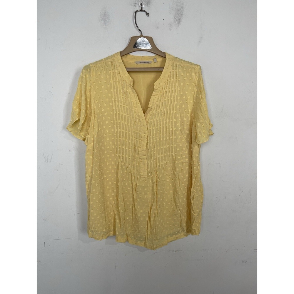Soft Surroundings Yellow Clip Dot Pintuck Blouse Womens 1X‎ Short Sleeve 5EX04